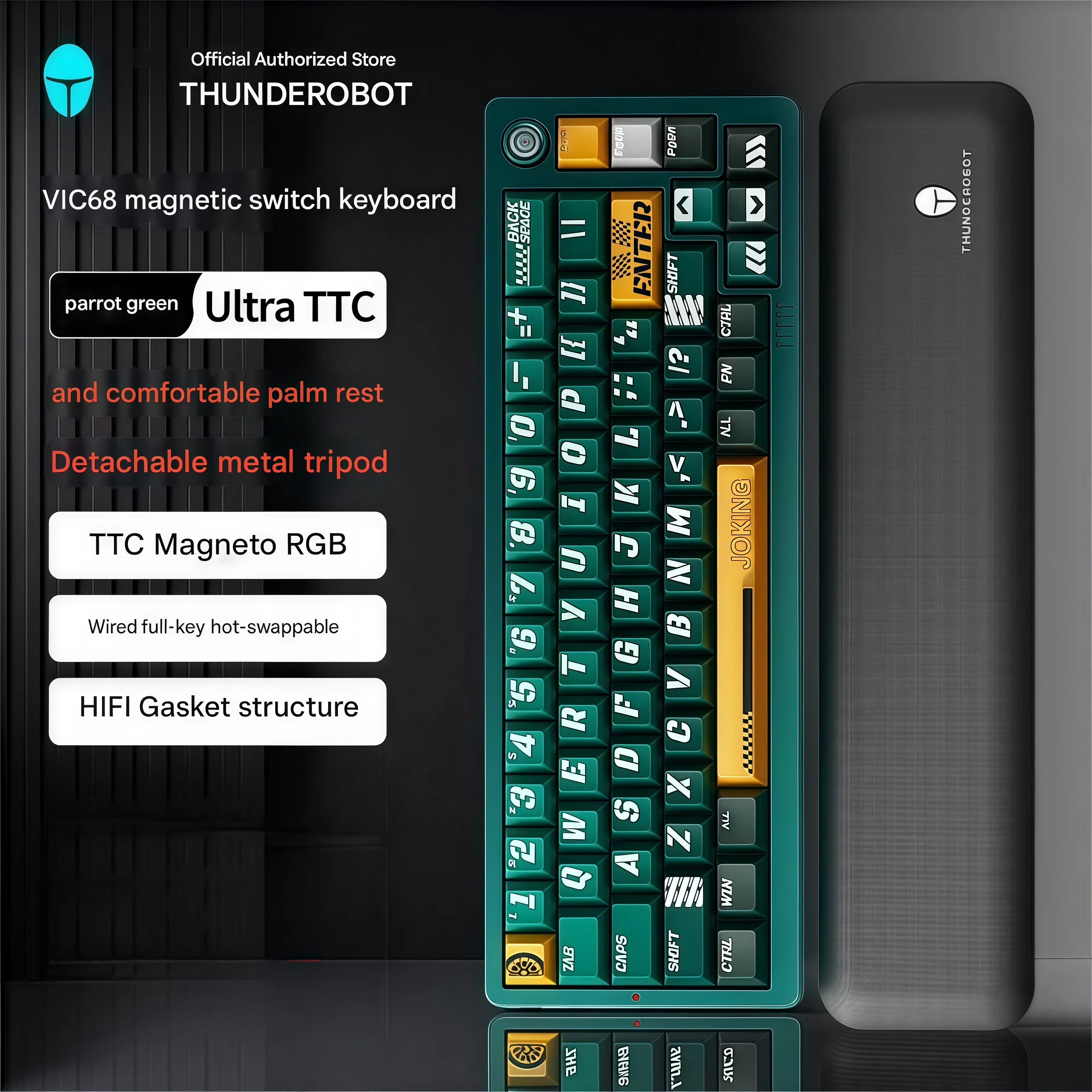 

ThundeRobot VIC68Ultra Wired Magnetic Keyboard Gaming Keyboard Fog-Transparent Keycaps TTC RGB Aluminum Alloy Parrot Green