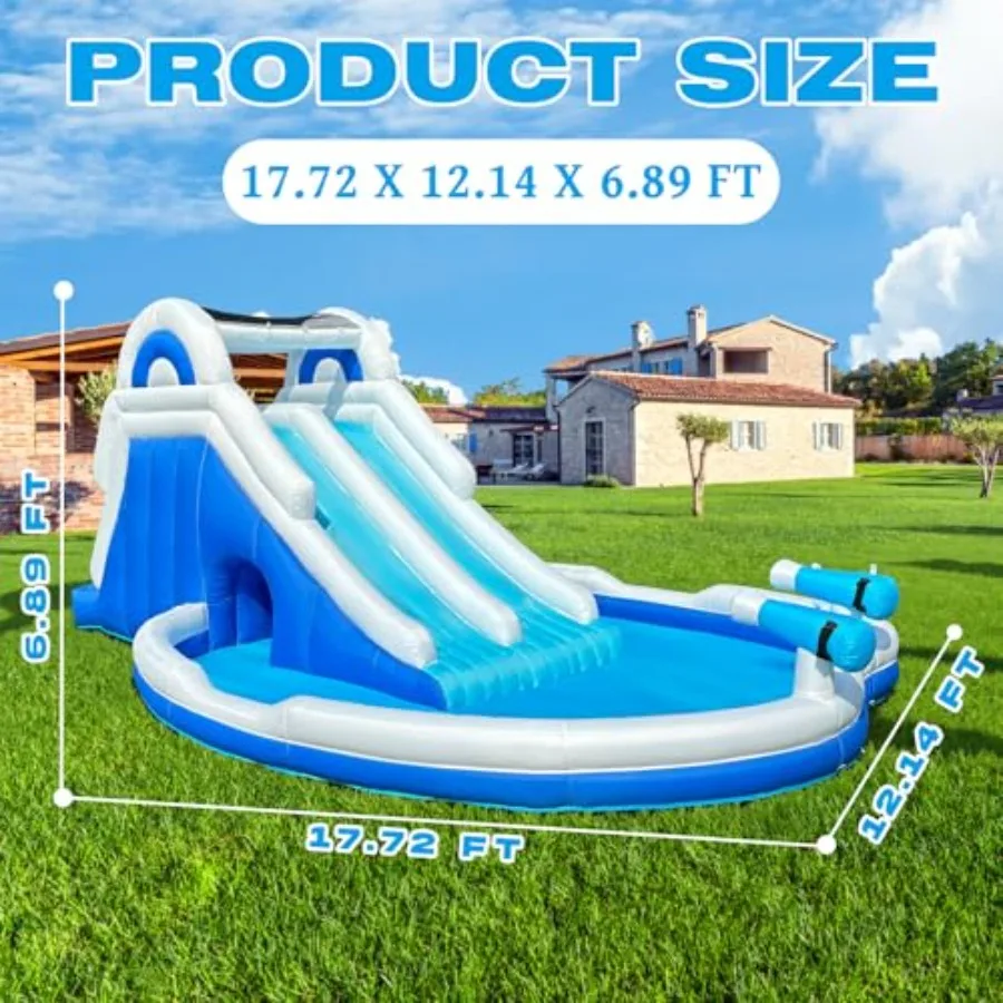Backyard water park inflatable slide with PVC material, blue and yellow color, dual slides and large splash pool for family fun