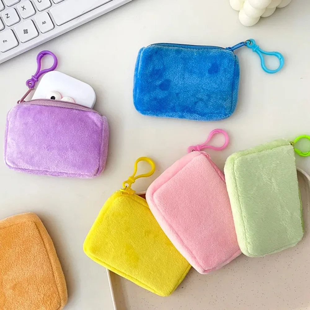 Women Cute Mini Coin Purse Key Earphone Pouch Korean Plush Square Zipper Coin Card Package Bag Thin Small Handbag Clutch Purse