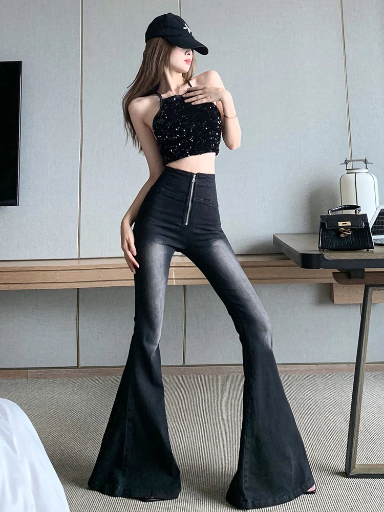 2000S Clothes Y2K Fashion Vintage Black Slim Stretch Flare Jeans Pants For Women High Waist Streetwear Punk Dress Lady Trousers