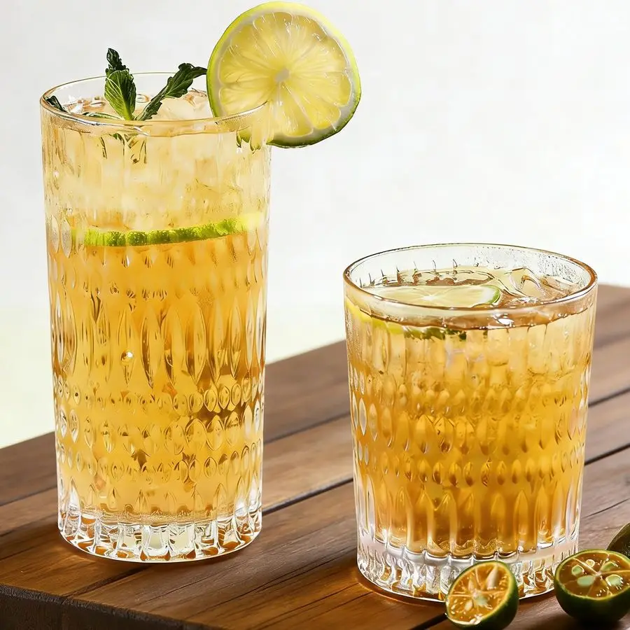 

Набор стаканов для питья из 8 стаканов Highball на 14 унций с ребристыми стеклянными чашками на 10 унций, винтажная посуда для воды, сока, коктейлей, Whi