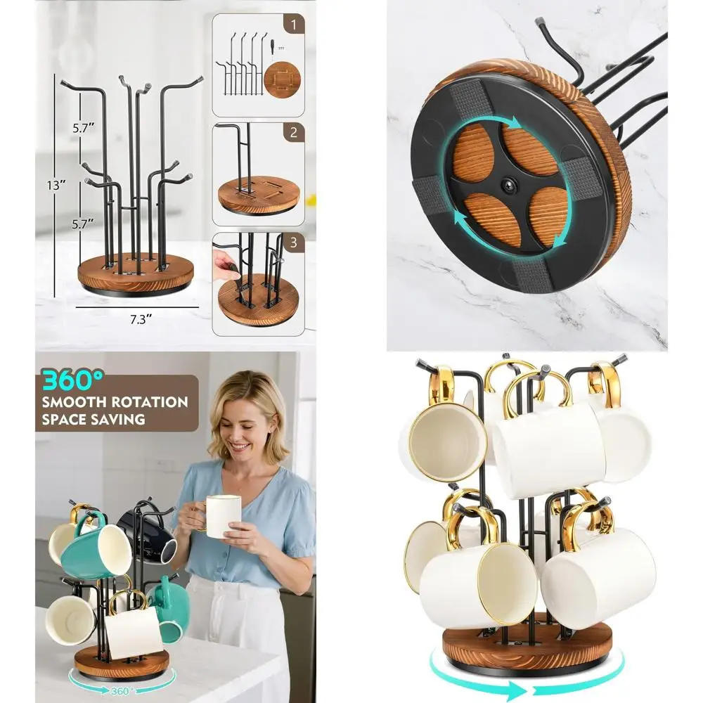 

360 ° Вращающаяся дерево или большие чашки для кружек, подставка для кружки с 8 крючками, металлическая подставка для чашек или столешница со стабильной столешницей