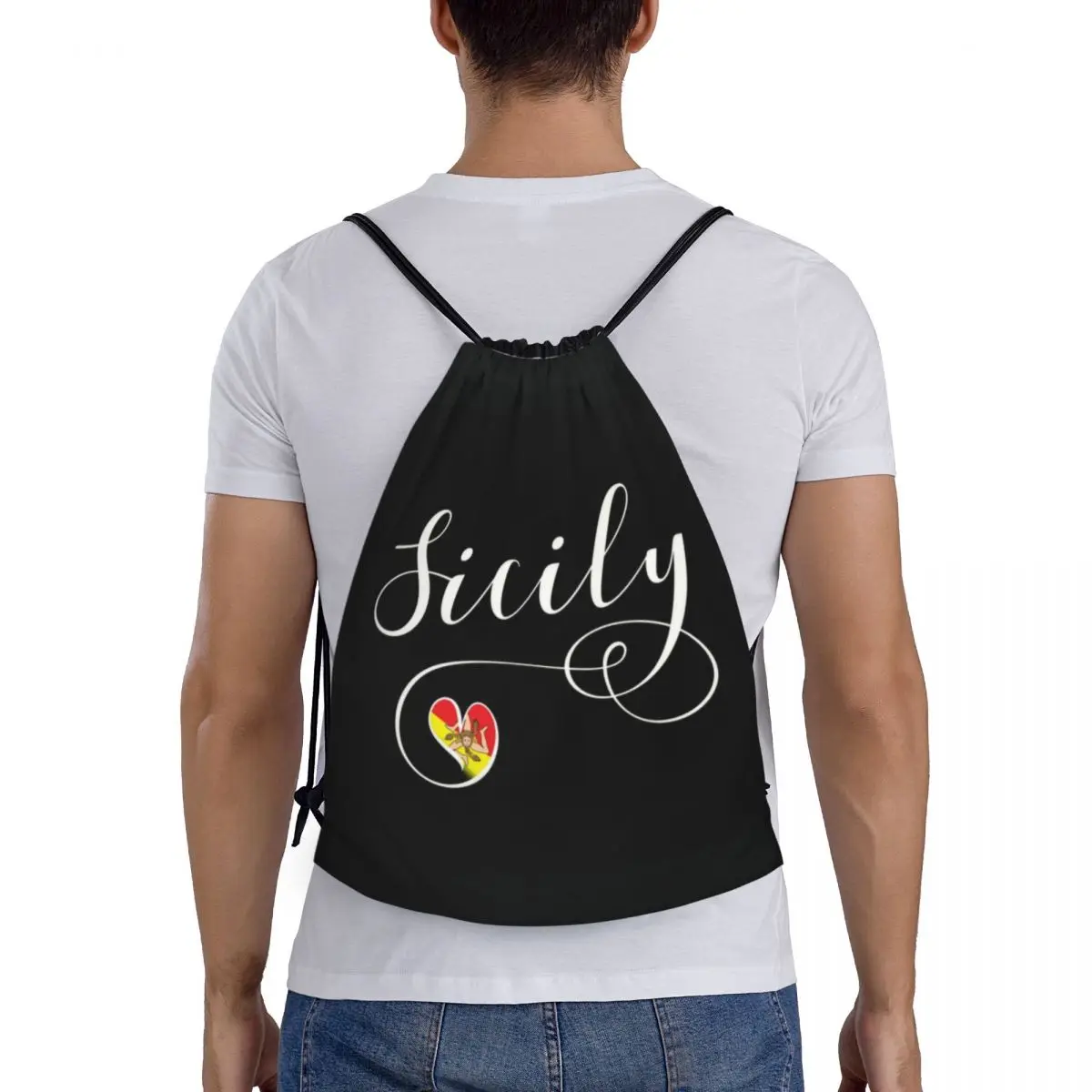 Sicily Flag Heart Drawstring Bags Men Women Foldable Gym Sports Sackpack Italy Pride Shopping Backpacks