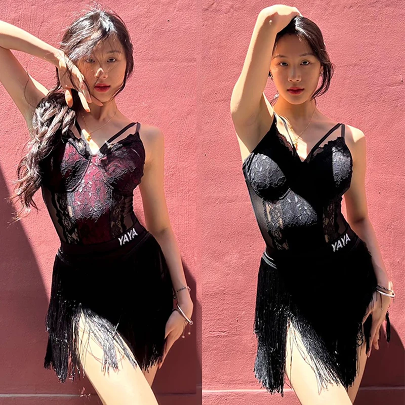 

Sexy Latin Dance Costume Women Lace Bodysuit Black Fringe Skirt Professional Practice Clothes Latin Competition Dress DNV20580