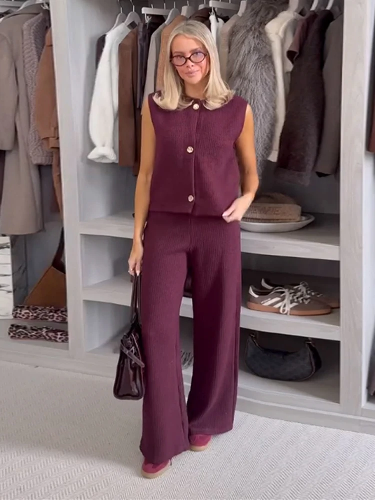 Frauen 2-teiliges gestricktes ärmelloses Hosen-Set, elegantes O-Ausschnitt-Knopf-Weste-Top, hohe Taille, weites Bein, Hose, Sommer-Damenanzug