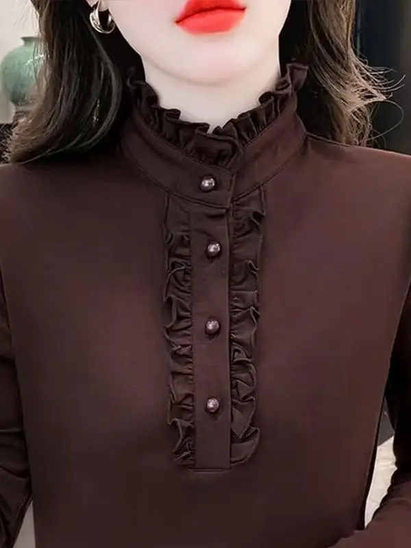 

Женская блузка с длинным рукавом на флисовой подкладке, с цветочным кружевным воротником, базовая модель, осенне-зимняя, модная, для ношения под одеждой, высококачественная, из шерсти.