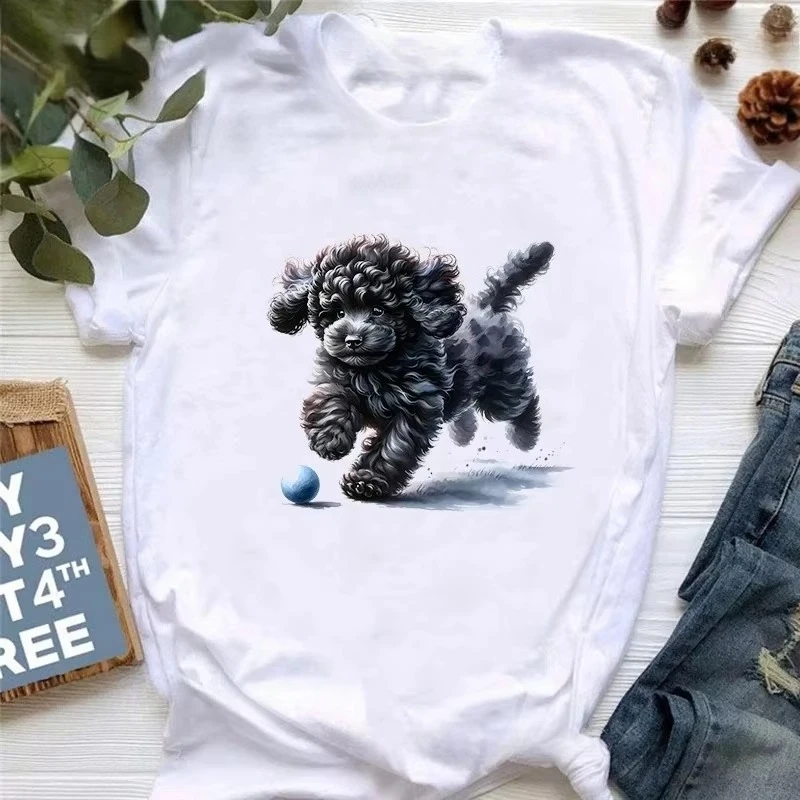 Black Poodle Puppy Animal Fun Print Women Tops Casual Kawaii Dog Lover Women Harajuku Short Sleeve Summer Fashion Female Y2K Tee