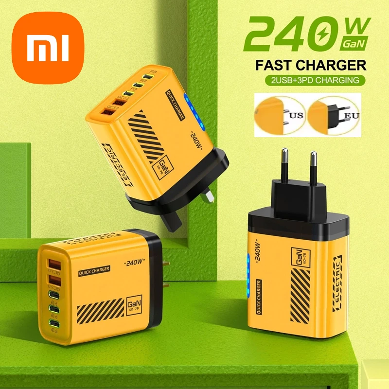 Xiaomi 240 Вт 5 портов Type-C USB Быстрое зарядное устройство с вилкой европейского стандарта и США Зарядное устройство со светодиодной подсветкой Настольный адаптер питания для Iphone Samsung Huawei 2025