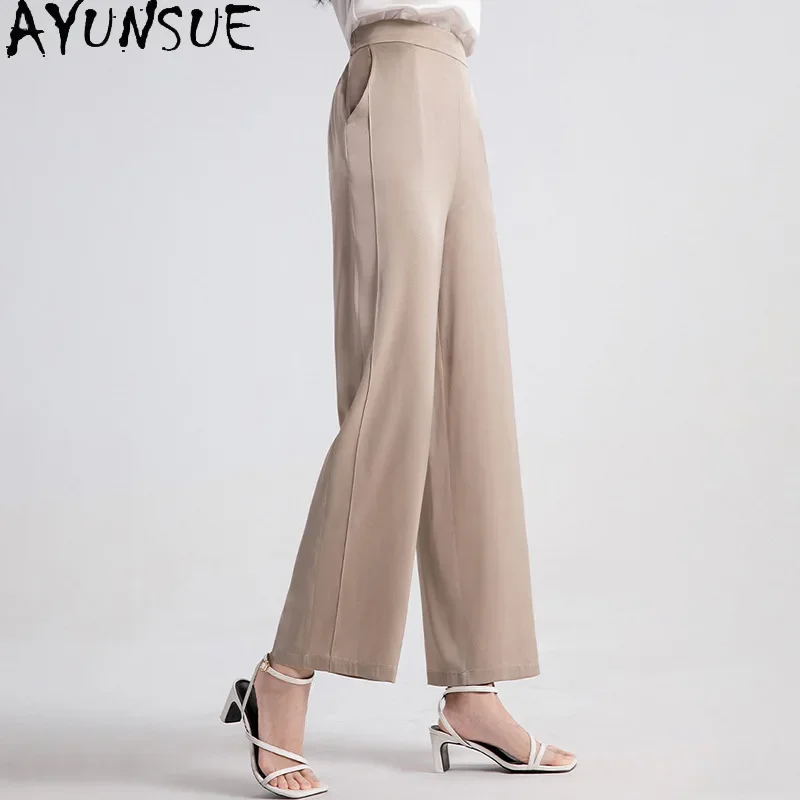 AYUNSUE 95% Mulberry Silk Pants Women 2024 Elegant Fashion Wide Leg Pants Old Money Style Trousers Womens Summer Clothes штаны