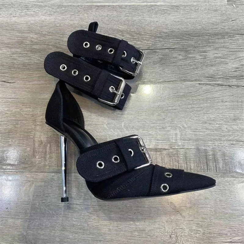 Fibbia per rivetti in metallo Denim blu stivali sopra il ginocchio argentati donna fibbia per cintura in argento stile Punk Sexy 12cm sandali con