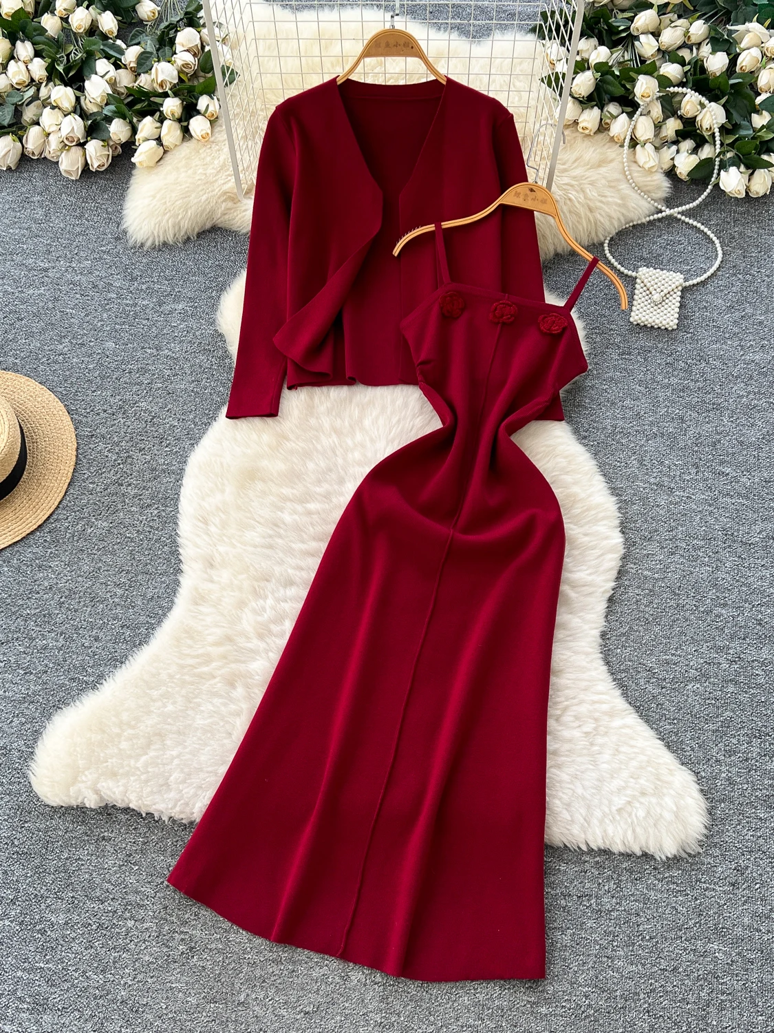 Fall Faion Elegance Women's Pure Desire 3D Flower Print Knitted Dr with Long Sve Outerwear Two-Piece Set Casual Workwear