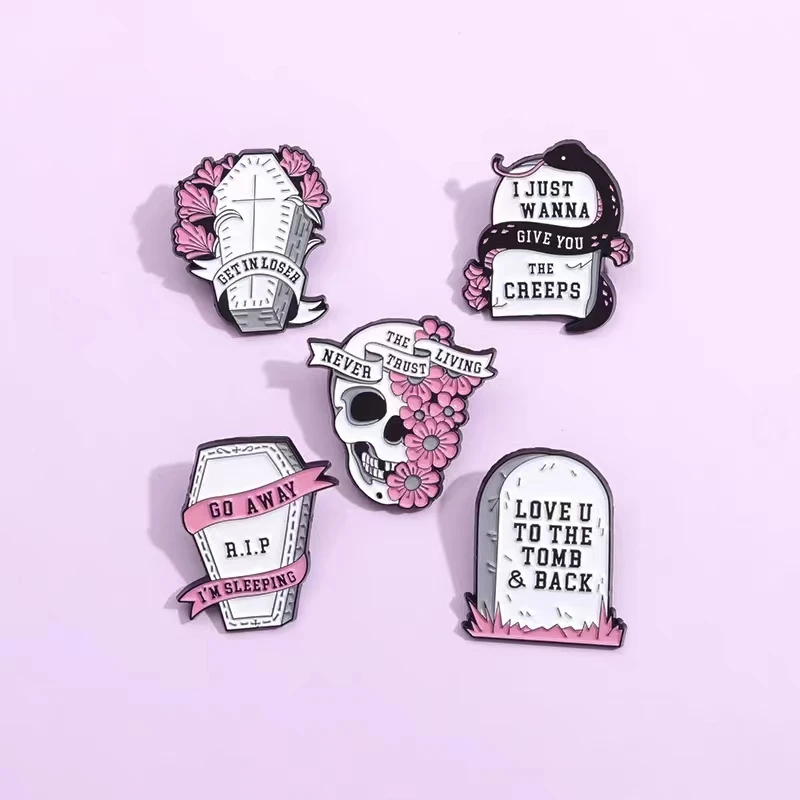 Love U To The Tomb Back Enamel Pins Skeleton Tombstone Snake Cross Coffin Brooches Lapel Gothic Badges Jewelry Gifts Wholesale