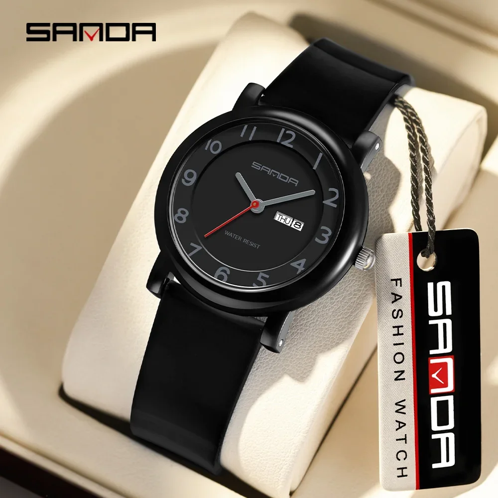 SANDA 3255 عرض التقويم المزدوج امتحان الطالب ساعة عصرية بسيطة هدية فتاة ساعة كوارتز نسائية مقاومة للماء