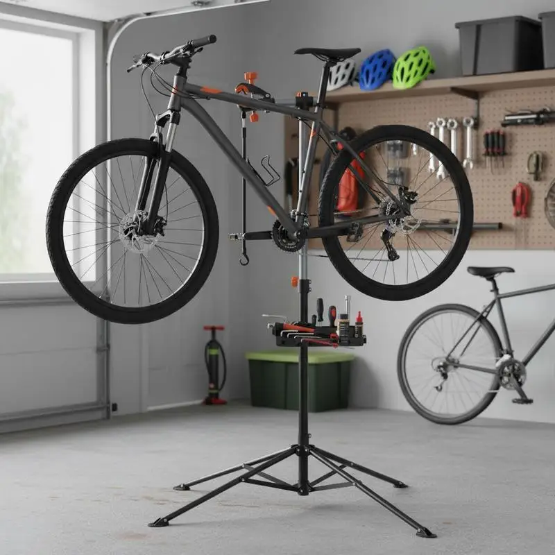 Support de réparation de vélos pliable 1079–1900 mm, pied de réparation compact pour garage et atelier, charge maximale 36,3 kg, plateau de rangement pour outils, gain de place important, compatible VTT et vélo de route