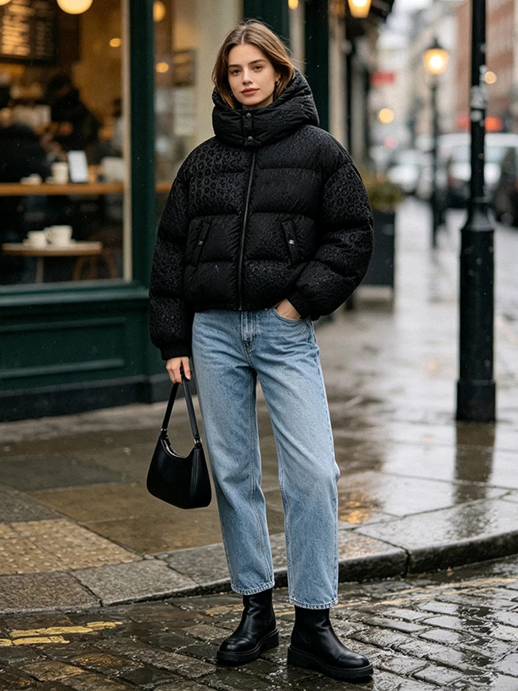 Women Leopard Jacquard Puffer Jacket Hooded High Collar Zip Snap Button Loose Cropped Drop Shoulder Warm Coat Ladies Outerwear