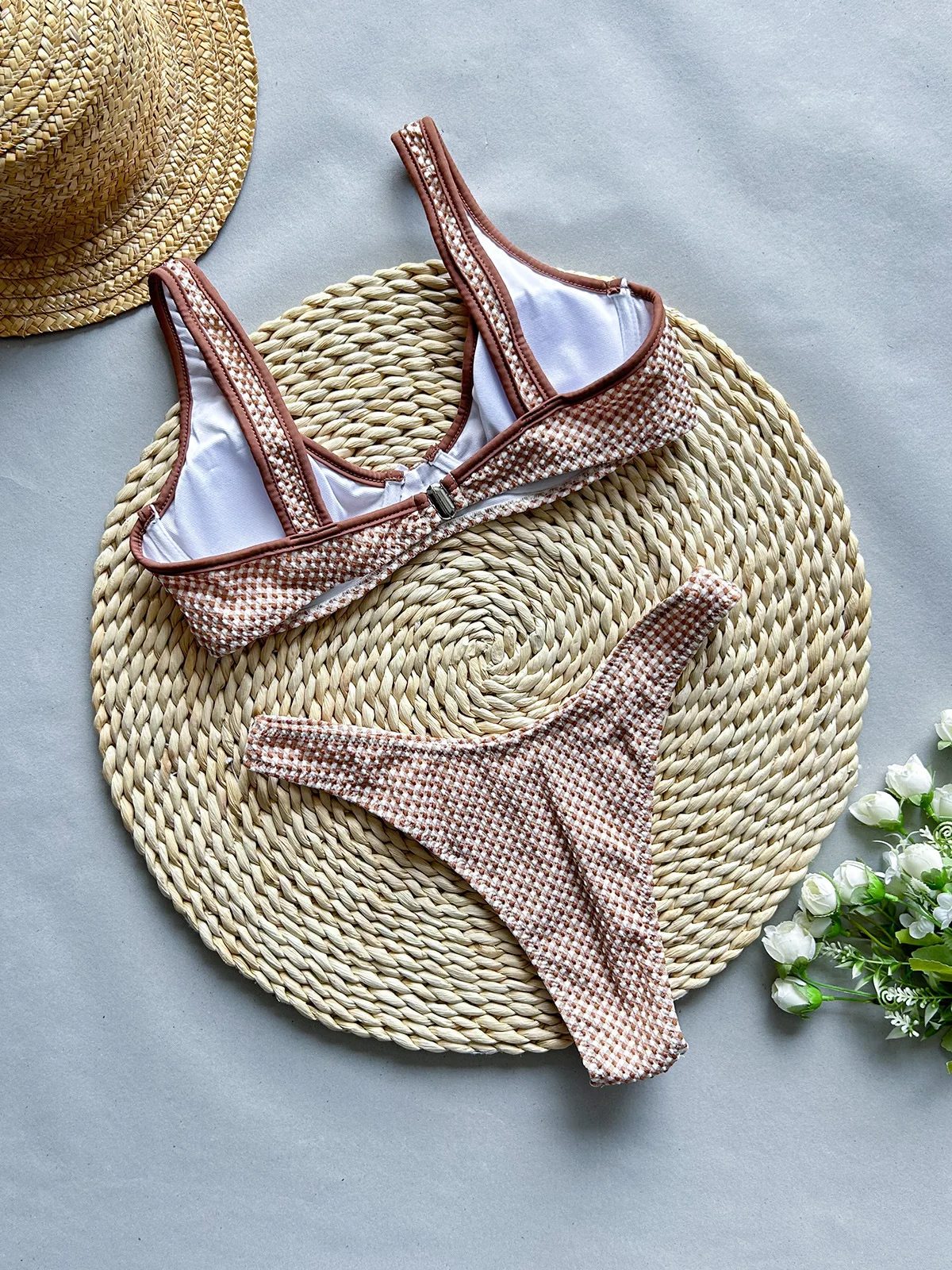 Push Up Bikini Set Women Sexy Brown Plaid Underwire Swimwear 2024 Brazilian Beach Bathing Suit High Waist Swimsuit Traje De Baño