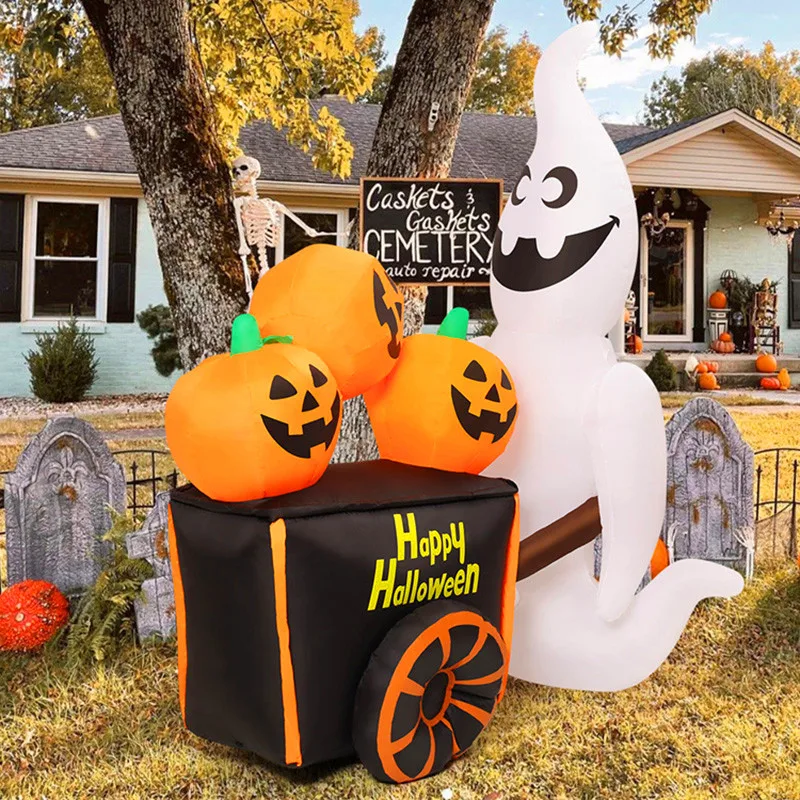 6ft decoração de halloween brinquedo inflável fantasma empurrar carrinho de abóbora com luzes led festa de férias ao ar livre modelo inflável de halloween
