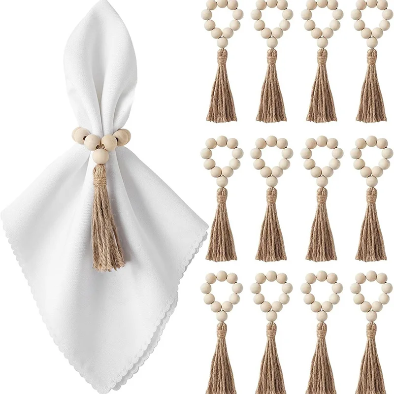 20pcs Wood Bead Napkin Rings Garland With Tassels Beads Rustic Country Table Napkin Holder Weddings Home Decor