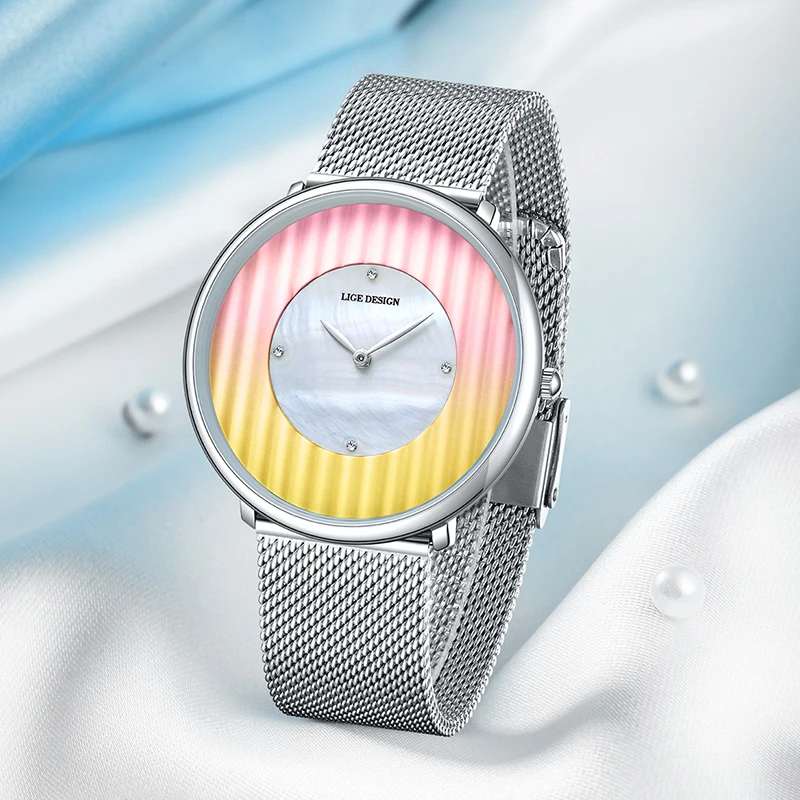 LIGE クラシック女性のクォーツ腕時計アウトドアスポーツ超薄型メッシュ防水時計女性カジュアルブレスレットウォッチギフト女性のための