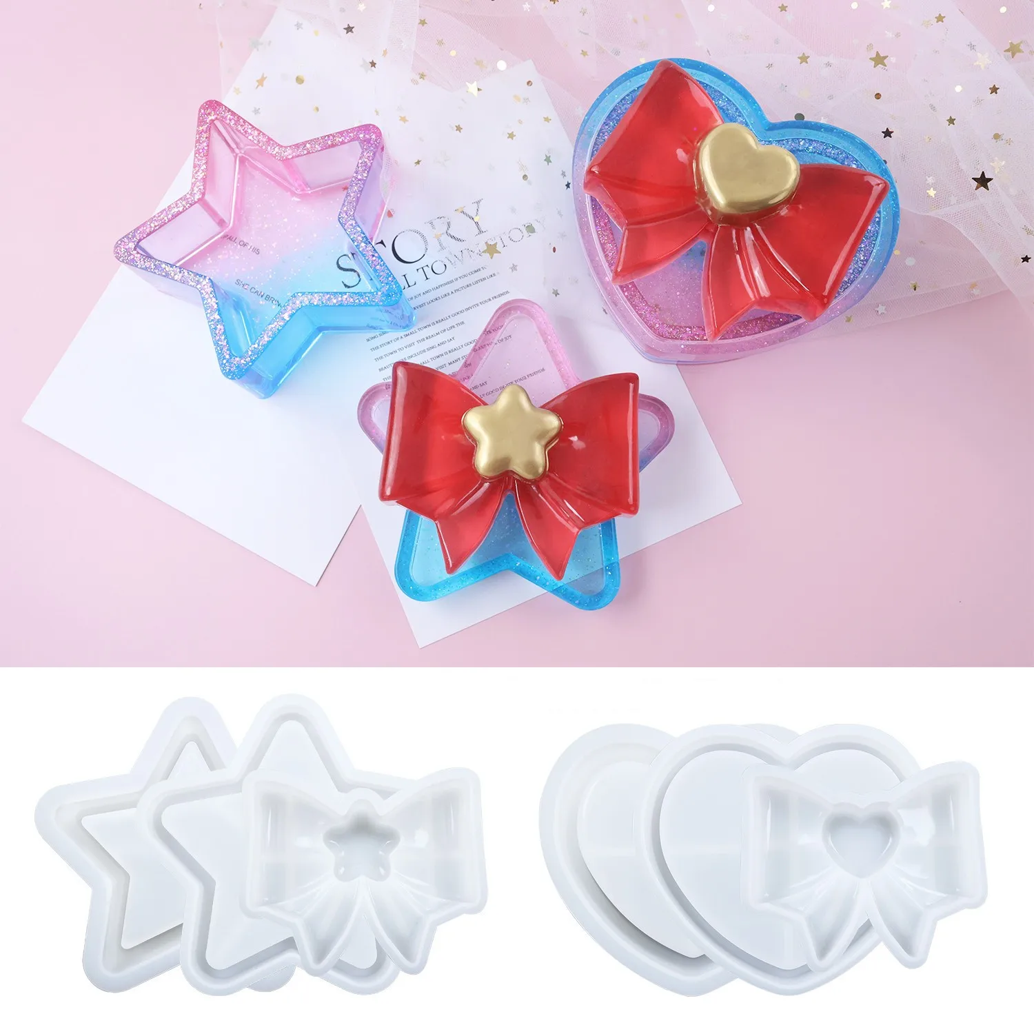 DIY Crystal Epoxy Resin Mold Star Bow Love Heart Shaped Storage Box Jewelry Box Container Mirror Silicone Mold For Resin