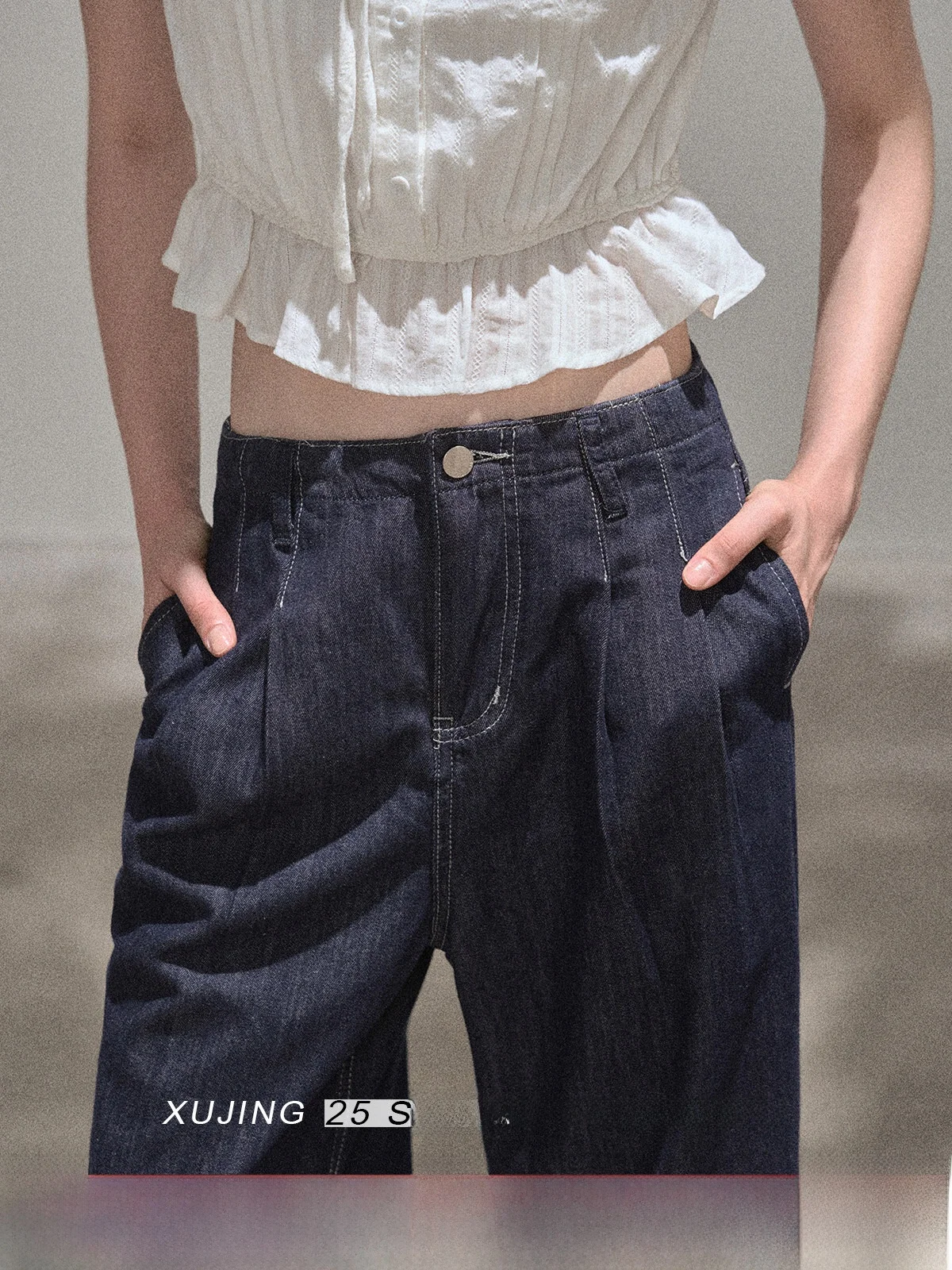 

Deep Blue High Waist Wide Leg Denim Jeans Women's Button Fashionable Straight Cut Summer New Arrival Casual Loose Fit