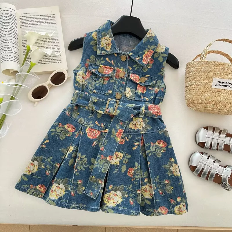 

2025Summer New Girls' Denim Dress Little Girl Printed Vest Casual Dress Wholesale