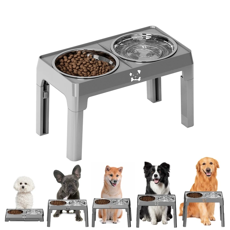 

Adjustable Height Stainless Steel Elevated Double Dog Bowl Foldable Pet Feeder For Medium Large Dogs Home Table Christmas Gift