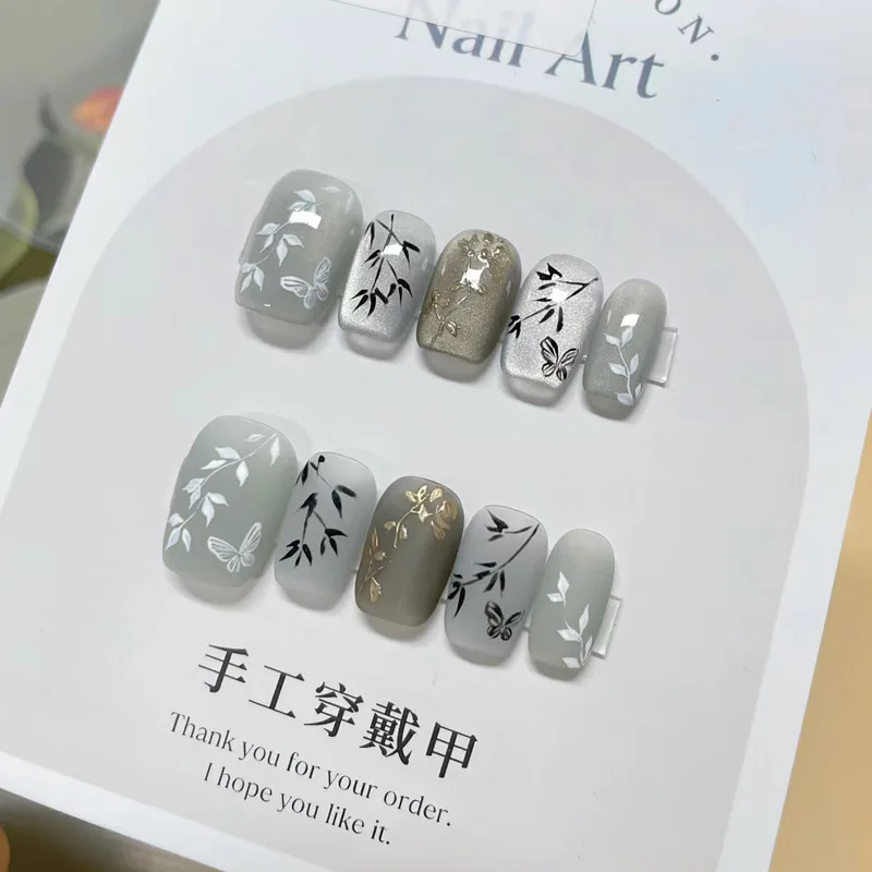 

24pcs/set New Chinese Style Bamboo Press on Nails Fake Acrylic Medium Nails Press on Short Nails Black Nail Tips Squared Oval