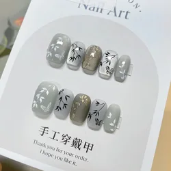 24pcs/set New Chinese Style Bamboo Press on Nails Fake Acrylic Medium Nails Press on Short Nails Black Nail Tips  Squared Oval