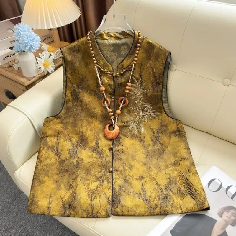 Casual Women Vest Jacquard Sleeveless Coat Embroidery New Chinese Style Jacket Mandarin Collar Shirts Vintage Button Blouse