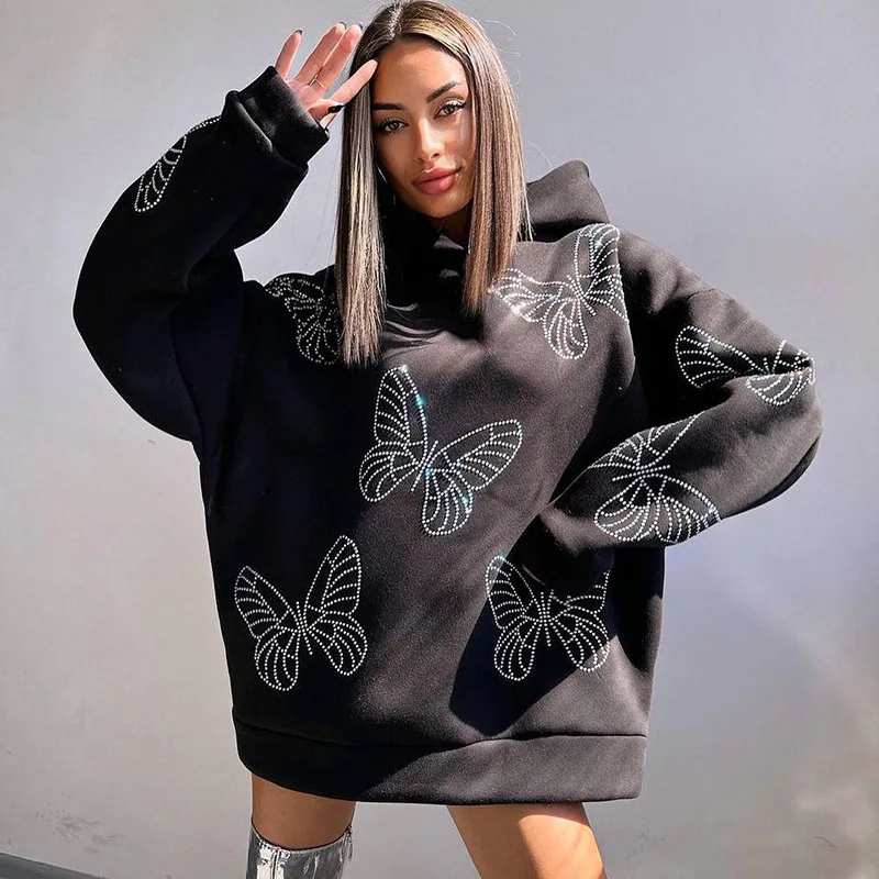 Purple Loose Hoodies Women Long Sleeve Iron-On Butterfly New Diamonds Graphic Hooded Sweatshirts Pullovers With Rhinestone