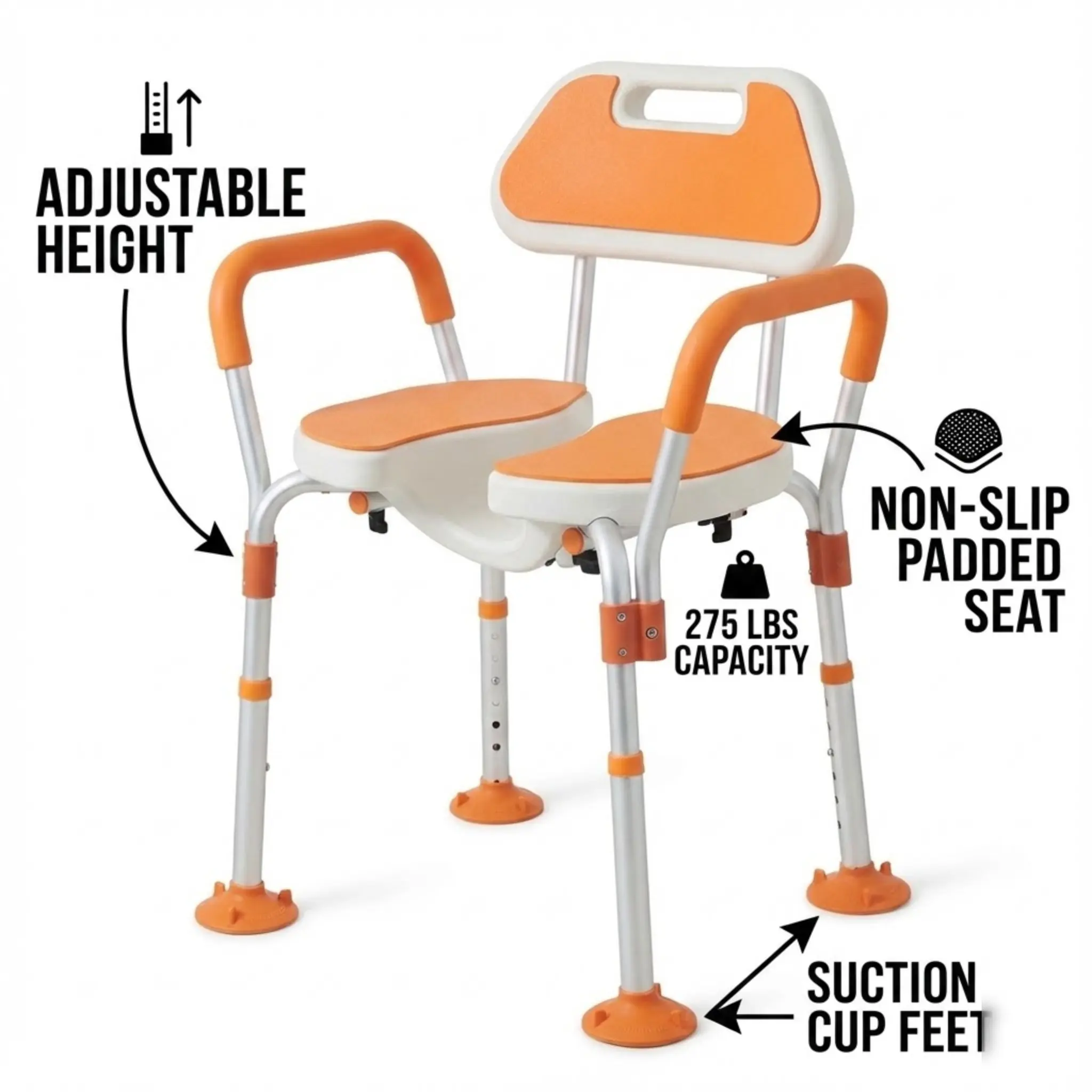كرسي استحمام من الألومنيوم مع ظهر وأذرع قابل للتعديل بارتفاع غير قابل للانزلاق لكبار السن والمعاقين