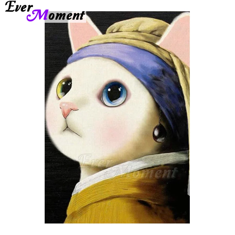 

Алмазная картина Ever Moment, алмазная мозаика, кошка с жемчужными серьгами, полная квадратная дрель из смолы, сделай сам, украшение для дома, подарок ASF2400