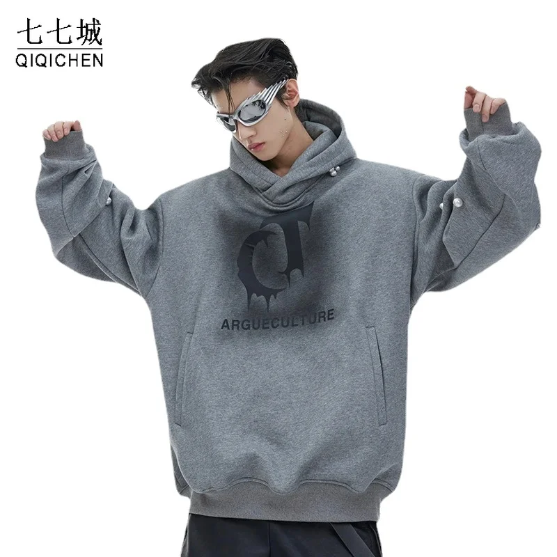 High Street Hoodies Sweatshirt Men Pearl Decoration Letter Pattern Print Hoodie Fashion Fleece Oversize Pullover Fall Streetwear