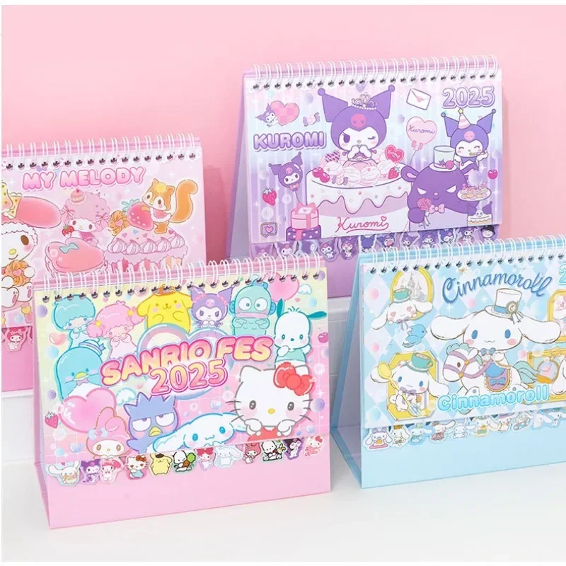 Kawaii 2025 Sanrios New Desktop Calendar Ornaments Hello Kitty Kuromi My Melody Cinnamoroll Students Creative Planner Ornaments