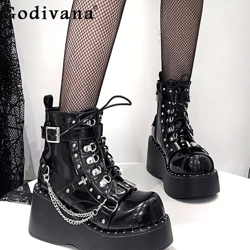 

Punk Platform White Boots Female Y2k Subculture Hottie Lolita Fashion Patent Leather Winter Platform Boot Heels Shoes