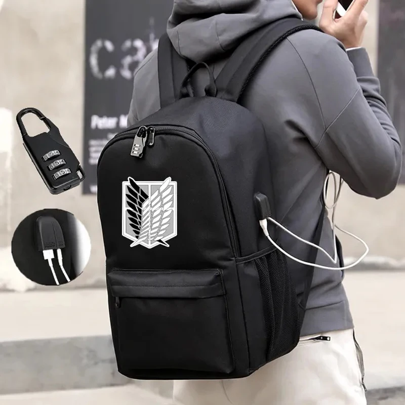 Attack On Titan Backpack USB Boys Girls School Bag Men Women An-ti Lock School Bag Teens Daily Travel Mochilas