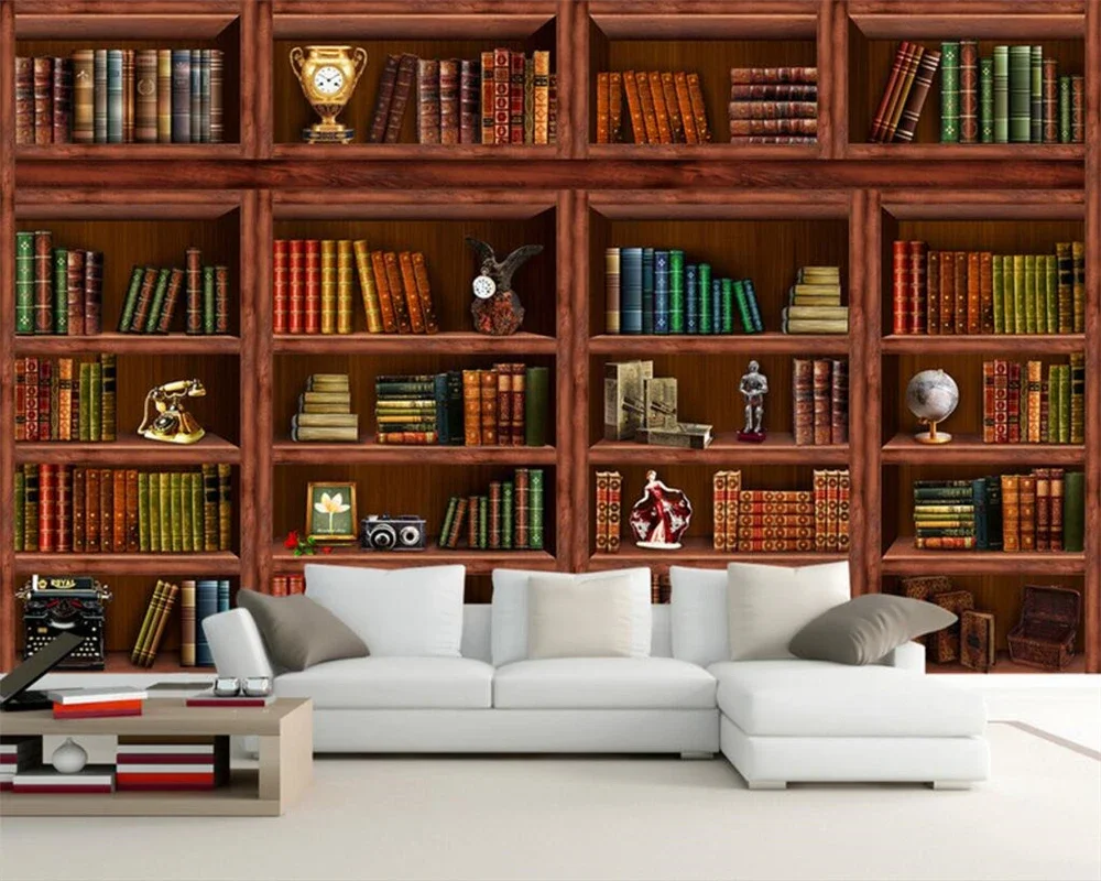 Custom size wallpaper vintage imitation wood grain bookcase bookcase background mural home decoration living room 3d wallpaper