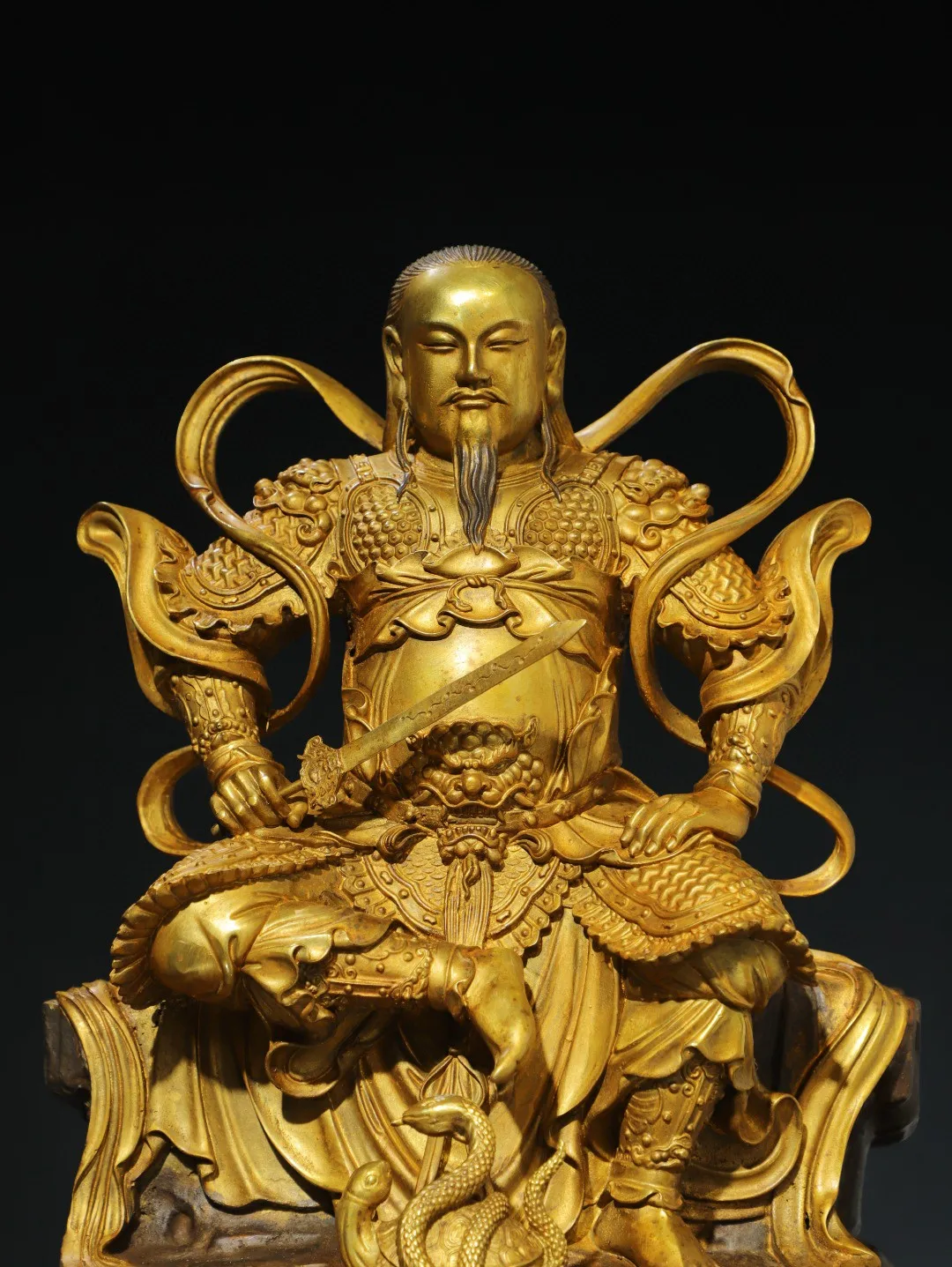 Brass gold-plated dragon turtle snake true Xuanwu Great Emperor statue, ancestor sitting statue decoration, home and office supp