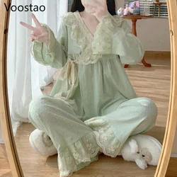 Spring Autumn Sweet Lolita Princess Pajama Set Women Vintage Palace Style Lace Ruffles Lounge Home Wear Girly Casual Sleepwear