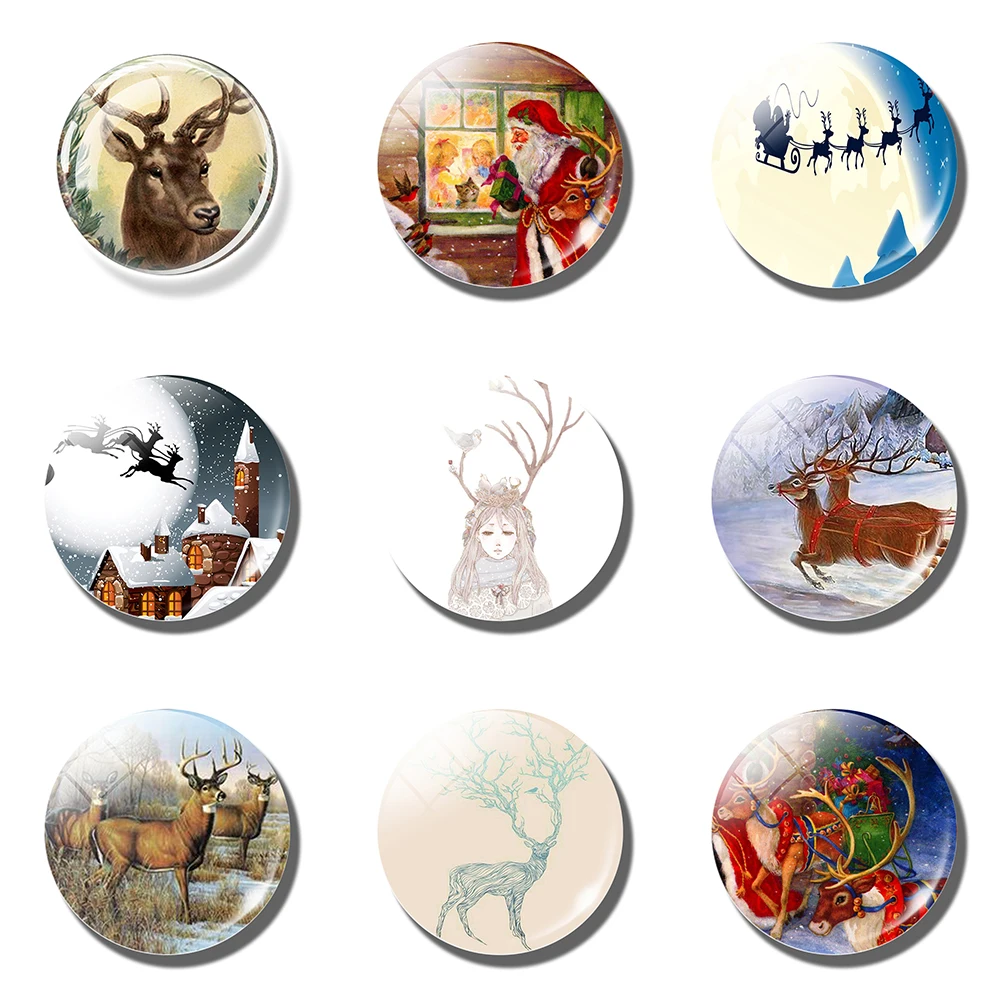 Vintage Deer Illustration Fridge Magnet Christmas Home Decor 30MM Deer Glass Cabochon Refrigerator Sticker Animal Message Holder