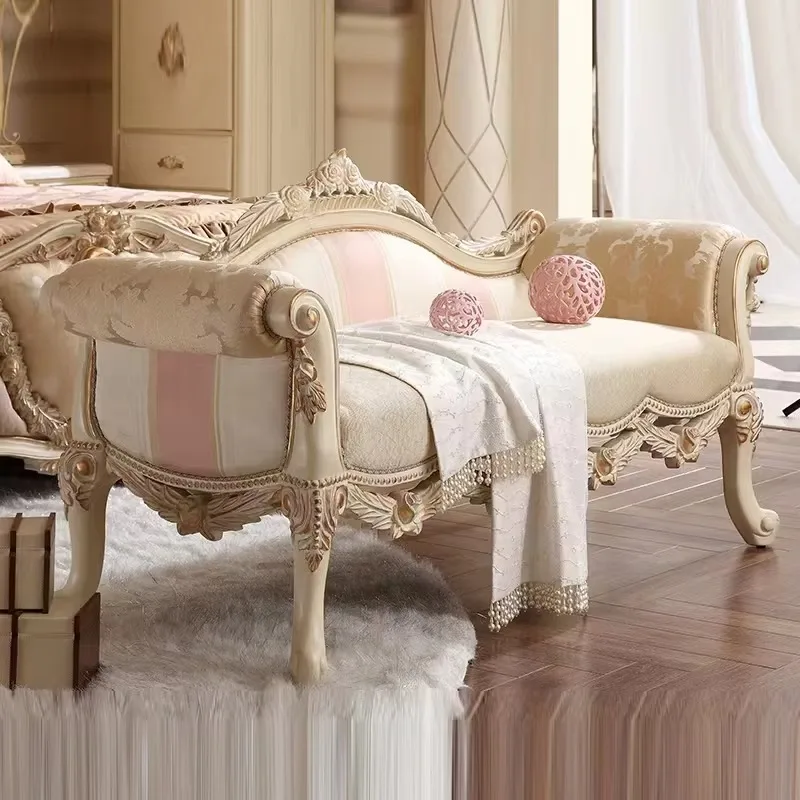 French light luxury carved high-end palace style bedroom solid wood fabric bed stool for shoe stool