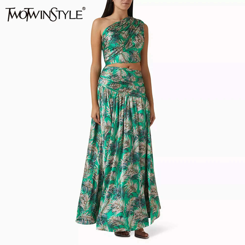 TWOTWINSTYLE Printing Slimming Spliced Folds Two Piece Sets for Women Diagonal Collar Sleeveless Top High Waist Skirt Set Female