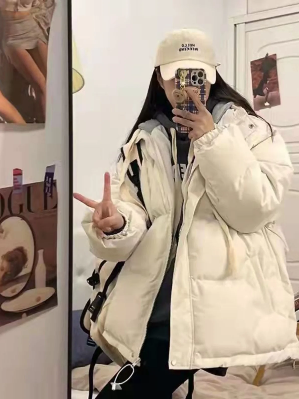 ゆったりとした女性の綿ジャケット、パンスタイル、怠惰なファッション、学生、ジッパー開閉、ショート丈、レギュラースリーブ、長袖コート