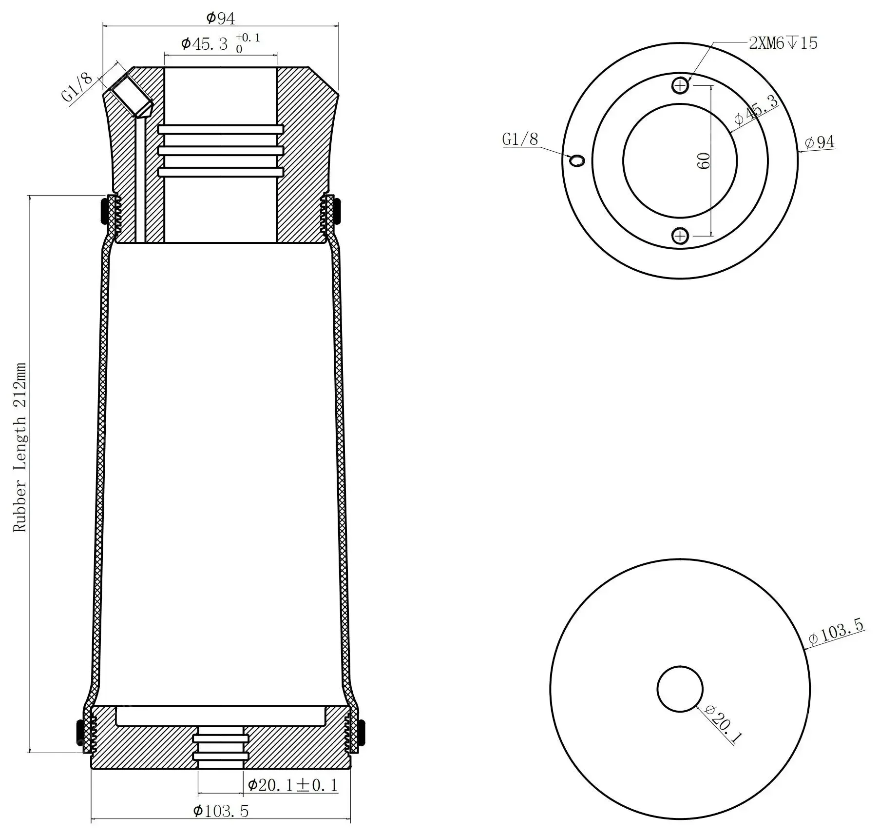 NewCar Universele Airbag Luchtveringsset Luchtschokdemper met aluminium flens M45-20