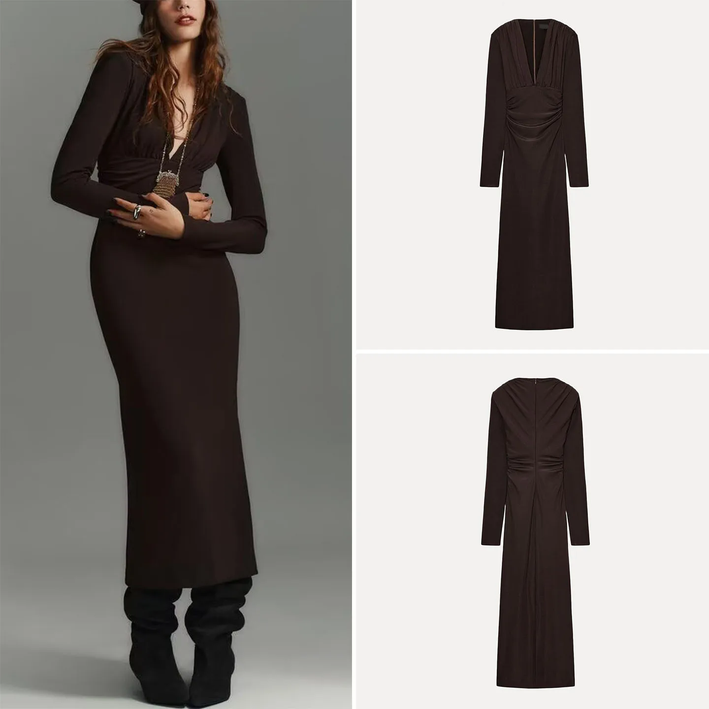 Z Faionable Midi Dr Damska Sukienka Ele Plisowana Osobista Długa Sukienka z Dekoltem w Serek Wyszczuplająca Codzienna Odzież Jesienna Nowość