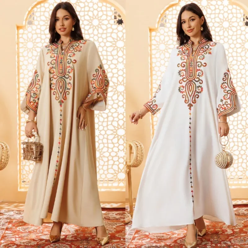 2025 Ramadan Muslim Women's Embroidered Loose Abaya Dresses for Women Dubai Elegant Casual Kaftan Muslim Dress Women Gowns