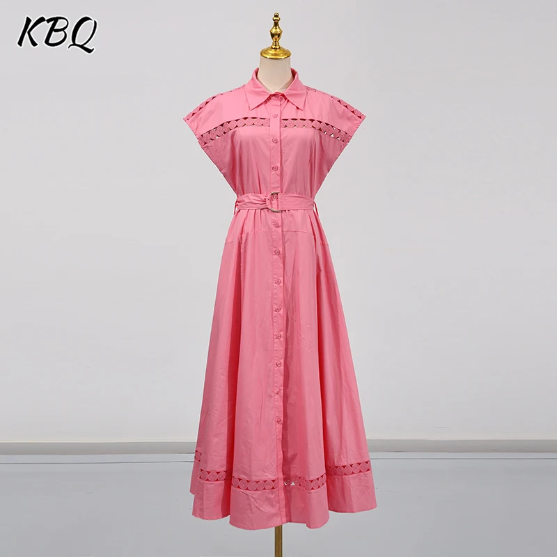 

KBQ Ellegant Solid Patchwork Sashes Hollow Out Tunic Dresses Lapel Fly Sleeve High Waist Spliced Button Dress Female Summer New