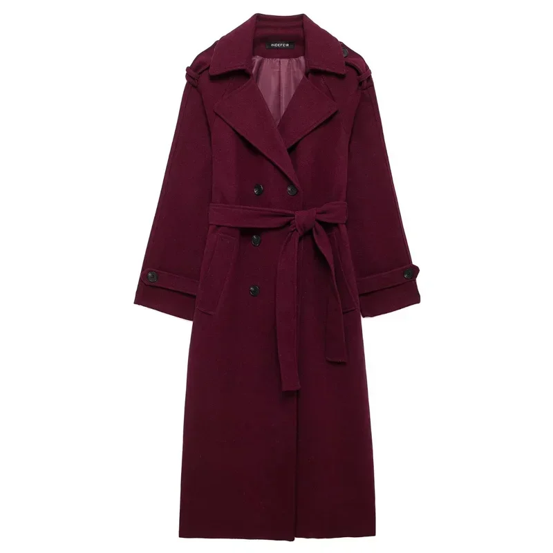 TRAF Winered Wool&Blends Coats 2024 Autumn Winter Women\'s Tweed Elegant X-Long Outerwears Ladies Fashion Casual Oversized Coat