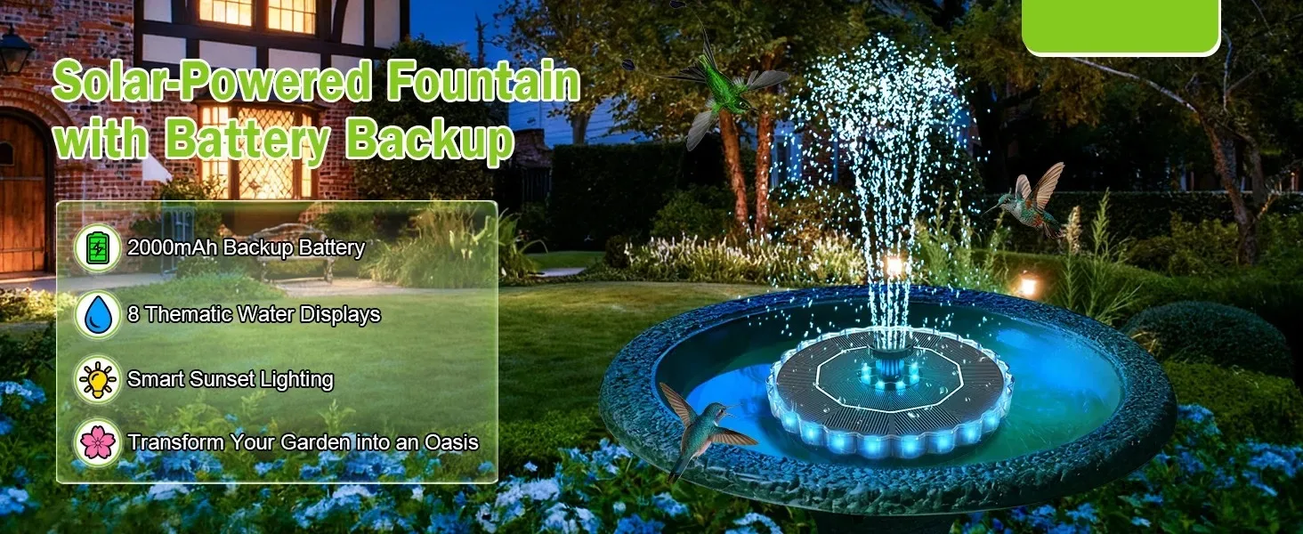 3,5W Solar-Vogelbadbrunnen mit bunten LED-Lichtern, eingebauter Batterie, 8 Düsen, 4 Schutzstangen, ideale Dekoration für Gartenteiche – Detail 1